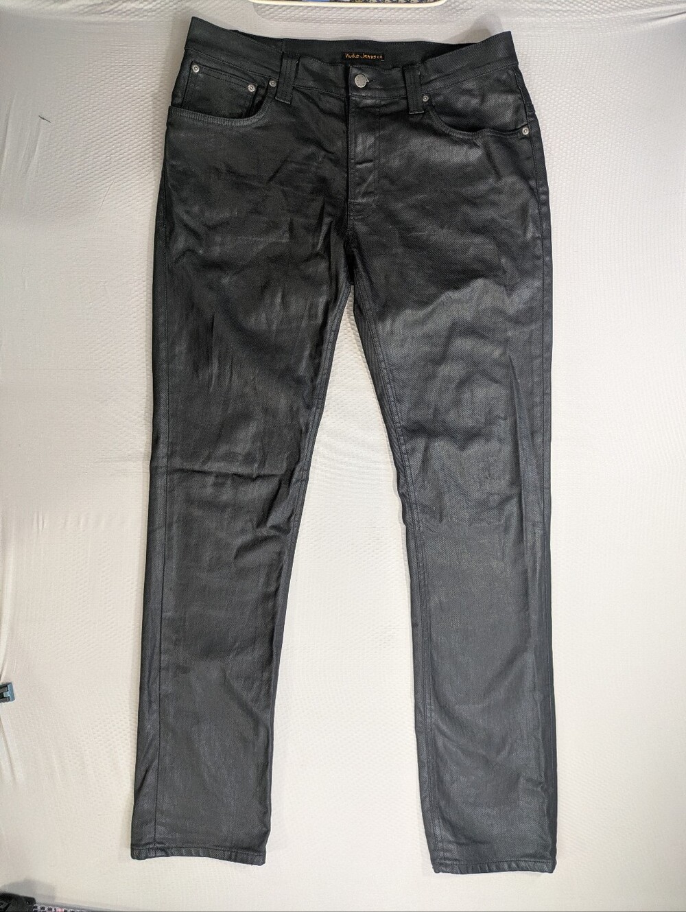 Nudie Jeans Co Thin Finn Back 2 Black Coated Waxed Denim Pants Men's Size 36x34